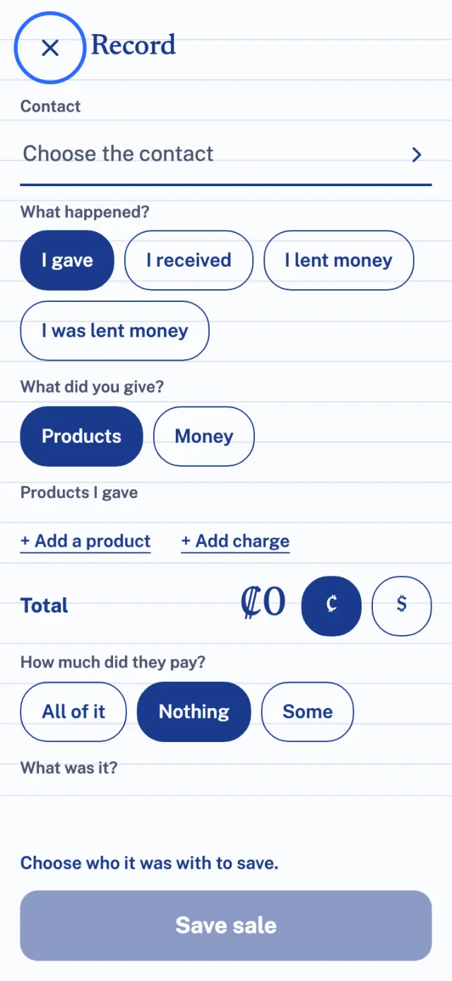 The Record sheet: the contact, what happened, the products and the total.