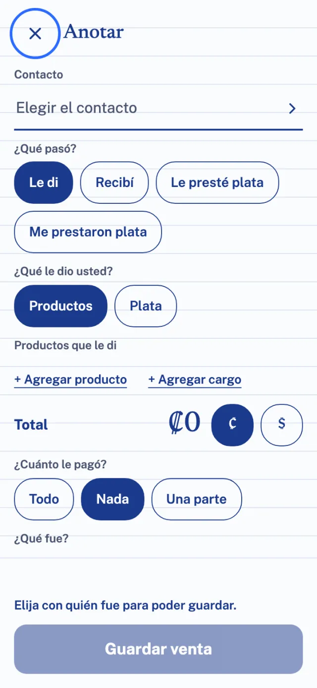 La hoja Anotar: el contacto, qué pasó, los productos y el total.