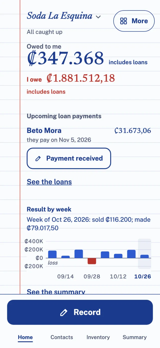 Kuentas Home: what you are owed, what you owe and each week.