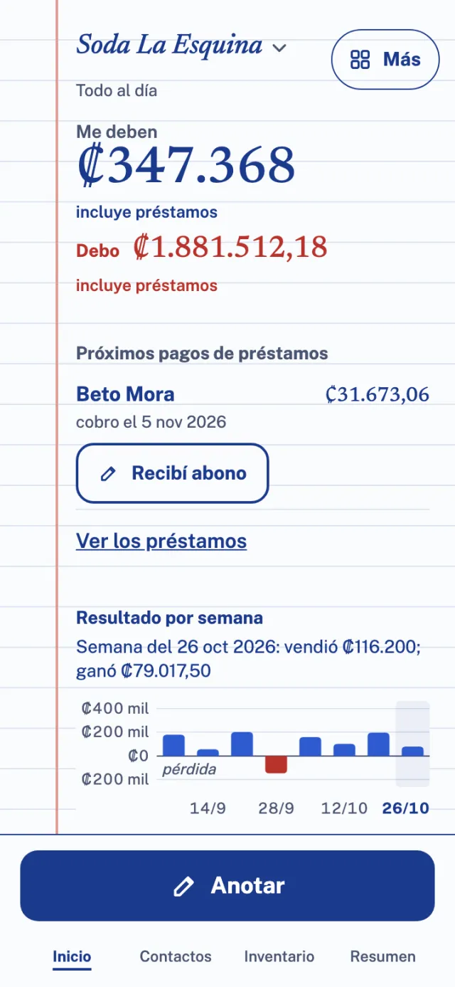 Inicio de Kuentas: lo que le deben, lo que debe y cada semana.