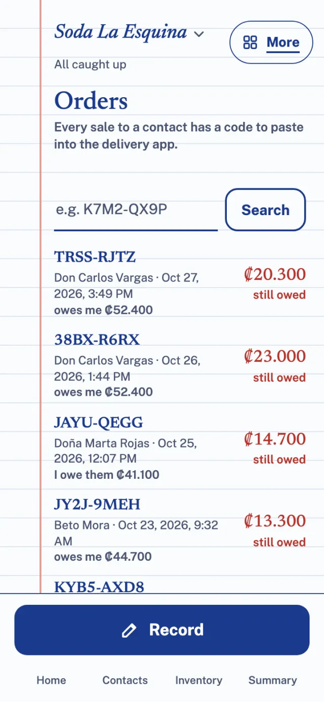 Orders: each sale with its code, its amount and what is still owed.